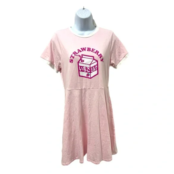 Hot Topic | Dresses | Hot Topic Pink Strawberry Milk Mini Dress With  Pockets Short Sleeve | Poshmark